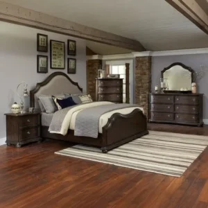 Royal Grand Dark Brown High Back Bed with Grey Jute Upholstery - Image 1