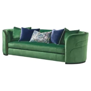 Emerald Green Curved Velvet Sofa with Navy Accent Pillows - Image 1
