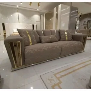 Turkish Style Luxury Beige Velvet Sofa with Gold Trim Accents - Image 1