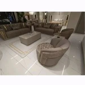 Turkish Style Luxury Beige Velvet Sofa with Gold Trim Accents - Image 2