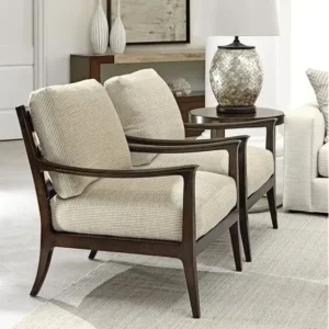 Modern Dark Wood Club Chairs with White Jute Piped Upholstery - Image 1