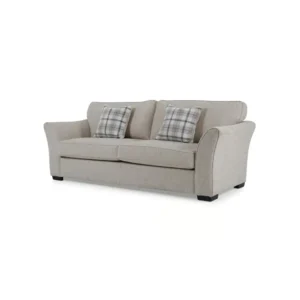 Classic Three-Seater Jute Fabric Sofa with Plaid Accent Pillows - Image 1