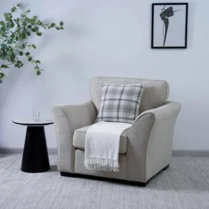 Classic Three-Seater Jute Fabric Sofa with Plaid Accent Pillows - Image 3