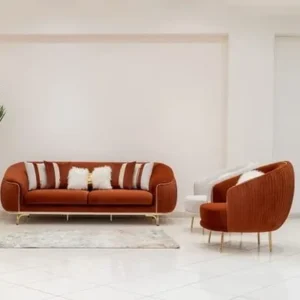 Turkish Velvet Burnt Orange Curved Sofa with Gold Pedestal Legs - Image 1