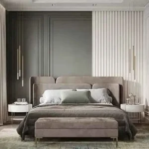 Modern Luxury Grey Velvet Upholstered Bed with Layered Headboard Design - Image 1