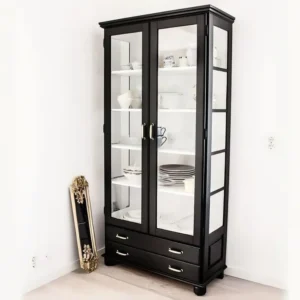 Classic Tall Black Display Showcase with Glass Doors and Storage Drawers - Image 1