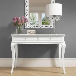 Elegant White French Provincial Console Table with Cabriole Legs and Twin Drawers - Image 1