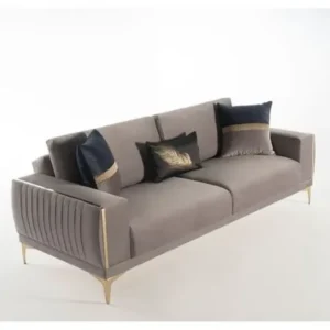 Luxury Grey Velvet Sofa with Gold Trim and Channel Tufted Arms - Image 1