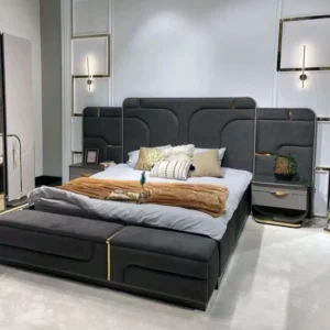Turkish Style Ultra-Modern Charcoal Fabric Bed with Oversized Wingback Headboard - Image 1