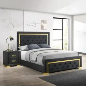 Elegant Black Velvet Tufted King Size Bed with Gold Trim Accents - Image 1