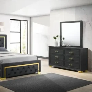 Elegant Black Velvet Tufted King Size Bed with Gold Trim Accents - Image 2