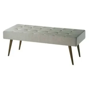 Modern Grey Jute Upholstered Bench with Brown Tapered Legs - Image 1
