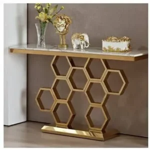 Modern Honeycomb Gold Base Console Table with White Marble Top - Image 1