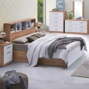 Modern Laminated Storage Bed in White and Light Brown with Built-in Headboard Shelves - Image 1