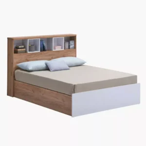 Modern Laminated Storage Bed in White and Light Brown with Built-in Headboard Shelves - Image 2