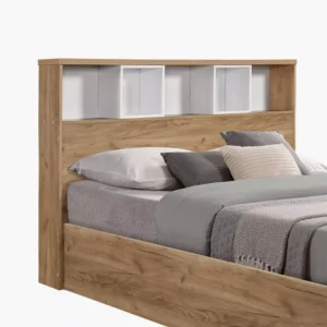Modern Laminated Storage Bed in White and Light Brown with Built-in Headboard Shelves - Image 3