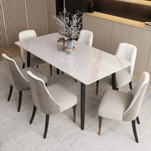 Elegant Modern Marble Top Dining Table with Grey and White Velvet Chairs - Image 1