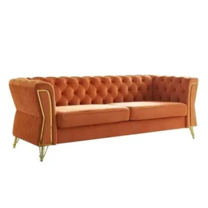 Turkish Style Orange Velvet Chesterfield Sofa with Gold Accents - Image 1