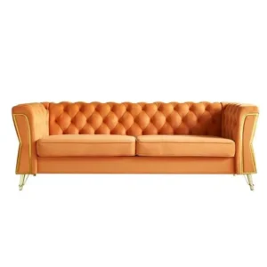 Turkish Style Orange Velvet Chesterfield Sofa with Gold Accents - Image 2