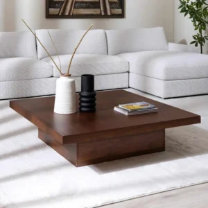 Minimalist Square Solid Wood Center Table with Floating Pedestal Base - Image 1