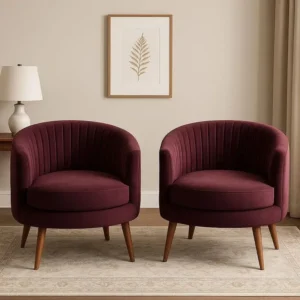 Elegant Mahroon Velvet Barrel Back Bedroom Accent Chairs with Walnut Legs - Image 1