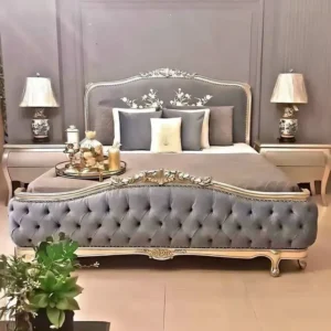 Grey Velvet Luxury Wingback Bed with Gold Leaf Accents and Floral Inlays - Image 1