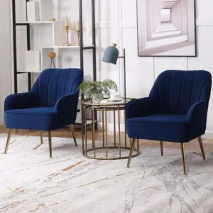 Royal Blue Velvet Occasional Armchairs with Vertical Tufting and Gold Legs - Image 1