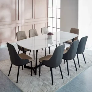 Elegant Modern White Marble Top Dining Table with Two-Tone Velvet Chairs - Image 1