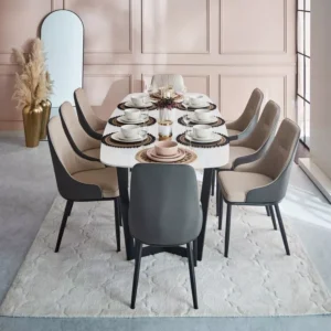 Elegant Modern White Marble Top Dining Table with Two-Tone Velvet Chairs - Image 3