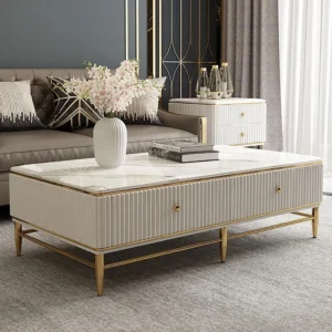 Modern Turkish Style White Marble Top Center Table with Gold Fluted Detailing - Image 1