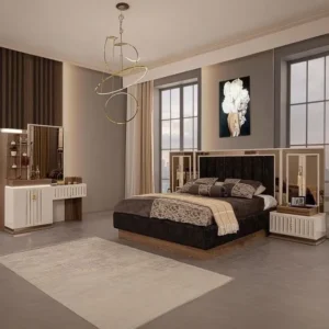 Grand Turkish Velvet Upholstered Bed with Mirror Accented Headboard and Dresser - Image 1