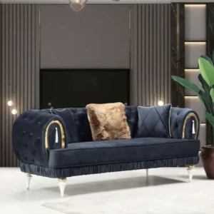 Turkish Style Deep Navy Velvet Tufted Sofa with Gold Accents and Tasseled Bolster Details - Image 1