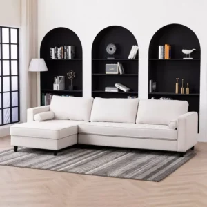 Simple L-Shaped White Leather-Rite Sofa with Black Accents - Image 1