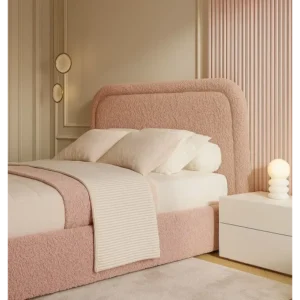 Elegant Pink Velvet Fabric Bed with Fluted Wall Panel and Minimalist White Side Tables - Image 2