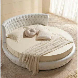 Luxurious White Leather-Rite Tufted Round Bed with Curved Headboard - Image 1