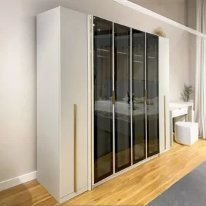 Luxury White Deco 6-Door Wardrobe with Smoked Glass Panels - Image 1