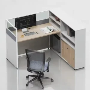 Corner One Person Workstation with Integrated Shelving - Image 1