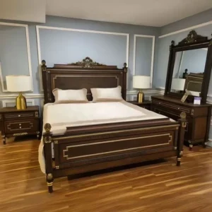 Classic Dark Brown Mahogany Finish Royal Bed Set with Gold Inlay Detail - Image 1