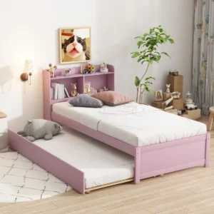 Lavender Storage Bed with Integrated Bookshelf and Trundle - Image 1