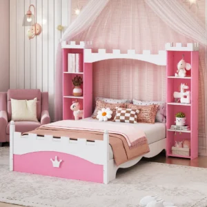 Enchanted Castle Storage Bed with Pink Bookcase Towers - Image 1