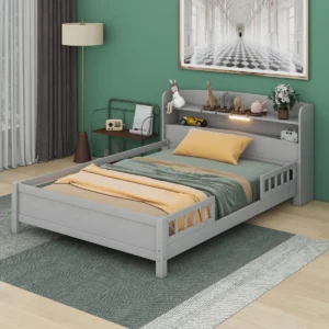 Modern Grey Toddler Bed with Safety Rails and Display Shelf Headboard - Image 1