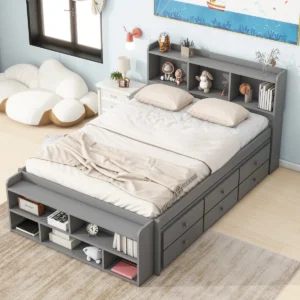 Ultimate Grey Storage Bed with 12-Drawer Capacity and Bookcase Footboard - Image 1