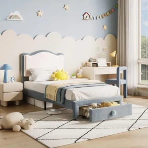 Modern Slate Blue Upholstered Bed with Under-Bed Storage Drawer - Image 1