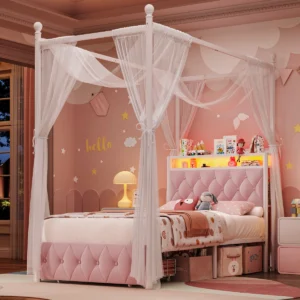 Princess Dream Canopy Bed with Tufted Headboard and Integrated LED Lighting - Image 1