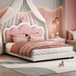 Royal Crown Scalloped Upholstered Platform Bed in Dusty Rose - Image 1