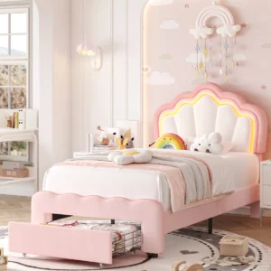 Radiant Shell Upholstered Bed with Rainbow Glow Headboard and Underbed Drawer - Image 1